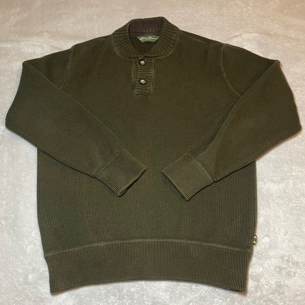 Vintage Eddie Bauer Sweater Men Medium Olive Green Ribbed Henley Pullover Cotton